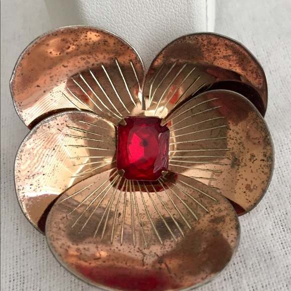 Vintage Sterling Orchid Brooch/ Pin w/red Accent - Picture 2 of 8